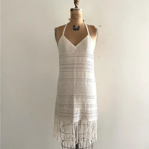 REVOLVE | Dresses | Savannah Morrow Revolve Cream Handmade Crochet Halter  Neck Fringe Mini Dress | Poshmark